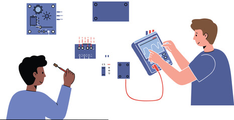 Oscilloscope waveform analysis, soldering circuit board, electronics workspace, STEM education, diagnostics, innovation, tools, teamwork, microcontroller, battery module