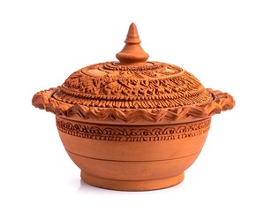 Close-up of intricately carved earthenware lidded bowl