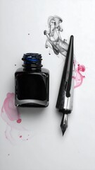 Close-up of ink bottle, fountain pen, and spilled liquid on white surface
