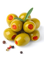 Close-up of pitted green olives stuffed with red pimiento, garnished