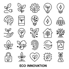 Eco-Innovation icons, representing sustainability and green technology in a modern line art style. The icons symbolize eco-friendly concepts.