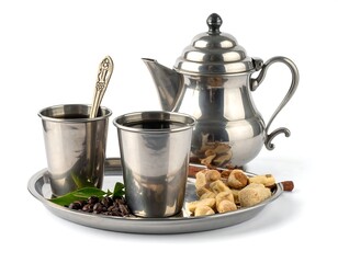 Close-up of silver coffee set with cups, teapot, and snacks
