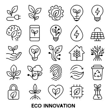 Eco-Innovation icons, representing sustainability and green technology in a modern line art style. The icons symbolize eco-friendly concepts.