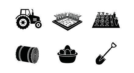 Farming Essentials Black and White Icons of Tractor, Field, Hay Bale, Eggs, and Shovel for Agriculture Concepts
