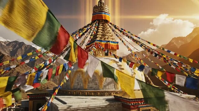Magnificent Boudhanath Stupa Adorned with Prayer Flags for Festivities in Nepal, Golden Light Bathed Himalayan Landscape