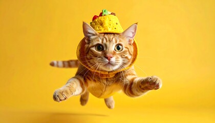 Ginger Cat in Pumpkin Costume Leaping with Joy.