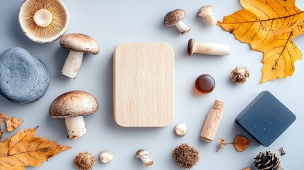 A flat lay composition featuring various mushrooms, autumn leaves, stones, and small decorative objects arranged on a pastel blue surface.