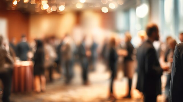 Networking Event Blur: A blurred background of a networking event in a conference hall, with people mingling and exchanging contacts. High quality. High quality