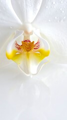 Close-up view of a pristine white flower with yellow and red accents, displaying delicate petals and water droplets. Reflected in white