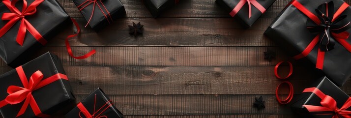 Elegant black friday and cyber monday gift boxes with red ribbon on wooden background for holiday shopping promotions. Horizontal banner. Copy space. Holiday shopping