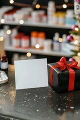 Festive pharmacy black friday mockup with gift and card display for holiday promotions. Template, mock-up for pharmacy, drugstore, cosmetics store. Vertical banner. Copy space
