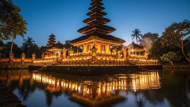Serene Temple Reflection Celebration at Pura Ulun Danu Beratan, Bali, Indonesia at twilight