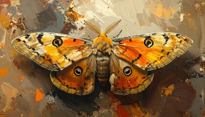 Detailed moth painting with vibrant colors and intricate patterns.
