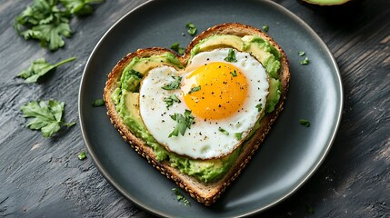 Toast with avocado and egg with heart shape on plate
