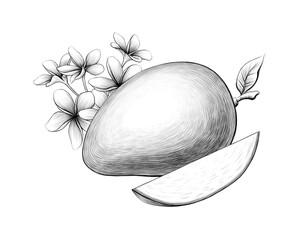 Composition of Mango fruit flowers and slice Graphic line art Graphite pencil sketch Exotic plant