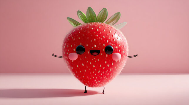 An adorable 3D rendered strawberry character with a smiling face and tiny arms standing against a soft pink background.