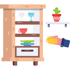 Hand Reaching For Yellow Cup From A Wooden Cabinet With Shelves Filled With Dishes And A Potted...