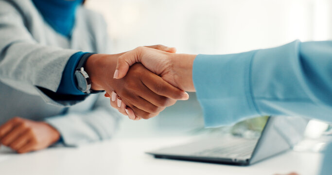 Shaking hands, interview and agreement for hiring, recruitment process and success at company. Person, human resources manager and handshake with welcome, deal or onboarding with thanks at agency