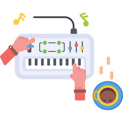 Hands Playing A White Electronic Keyboard With Musical Notes Floating Above And A Cup Of Coffee On The Side Against A Transparent Background