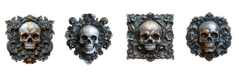 Four ornate skull ornaments with floral elements