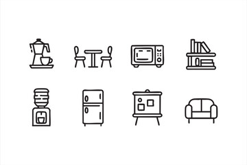 Workplace comfort icons set showing fridge, sofa, and microwave in outline style