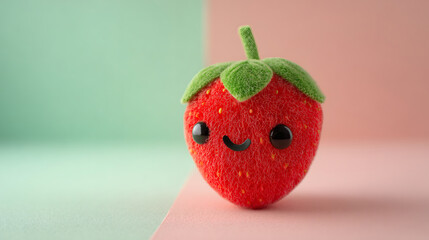 A cute, fuzzy red strawberry plushie with a happy face on a split green and pink background.