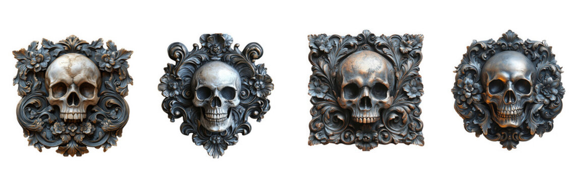 Four ornate skull ornaments with floral elements