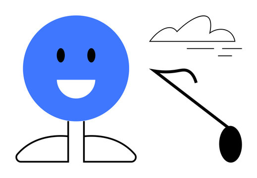 Blue-headed smiling figure with simple body, golf club, and cloud design. Ideal for recreation, sports, leisure, simplicity, humor minimalism playful themes. Represents a simple flat metaphor