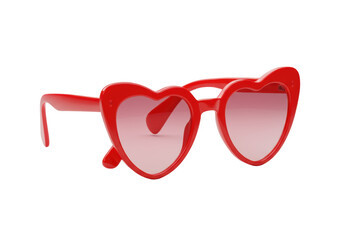 Extreme macro low angle of vibrant red heart-shaped sunglasses, one pink gradient lens popped out revealing inner bevel and polished edge, on transparent, dramatic studio lighting, high-end product
