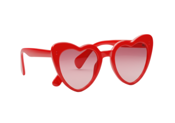 Extreme macro low angle of vibrant red heart-shaped sunglasses, one pink gradient lens popped out revealing inner bevel and polished edge, on transparent, dramatic studio lighting, high-end product