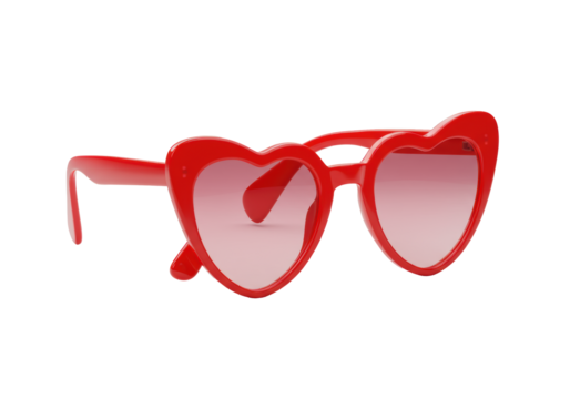 Extreme macro low angle of vibrant red heart-shaped sunglasses, one pink gradient lens popped out revealing inner bevel and polished edge, on transparent, dramatic studio lighting, high-end product - Powered by Adobe