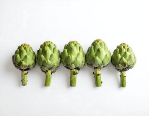 Five fresh green artichokes aligned on a clean white surface