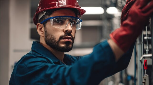 electrician. A focused electrician in safety gear, standing against an industrial background with soft lighting. safety posters.