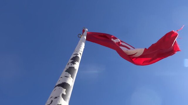 Monastir, Tunisia A red Tunisian flag flutters in the wind on a flagpole against a blue sky.