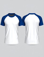 Front and back view of a white and blue short-sleeved top on gray
