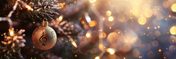 Festive new year christmas scene with glittering ornament and warm lights. Christmas tree decorated with a treble clef. Horizontal banner. Copy space. For a music store, music school, concert hall