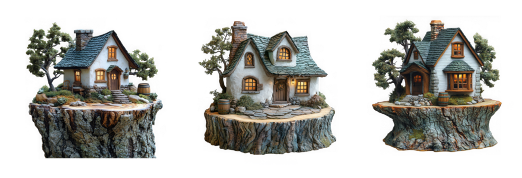 Three miniature fairy tale cottages with glowing windows and trees