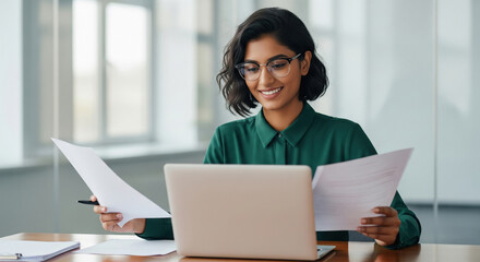 Young Indian Businesswoman Reviews Documents at Modern Office Desk.