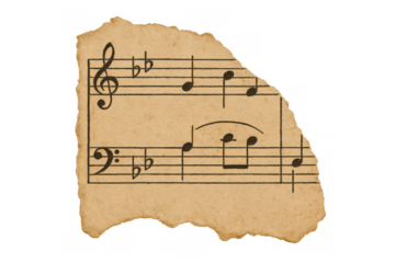 Torn vintage sheet music fragment displaying treble and bass clefs with musical notes and key signature, on transparent background