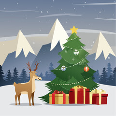 Naklejka premium Festive Winter Scene with Christmas Tree Reindeer and Gift Boxes in Snowy Mountain Landscape