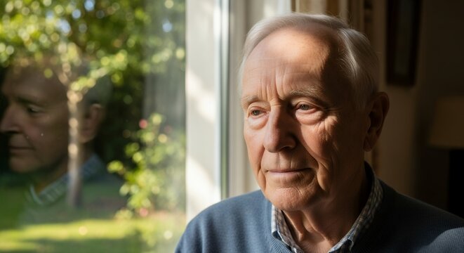 Thoughtful senior man near the window with reflection of green trees, concept for retirement planning, healthcare services and estate management - Powered by Adobe