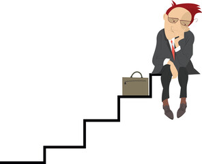 Problems. Sad and tired man with head down sitting on the broken steps. Concept illustration