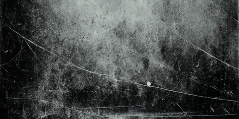 Black and white grunge texture with scratched distressed overlay, dark vintage noise background for design.