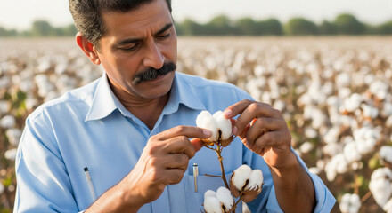 Farmer Inspecting Cotton Quality in a Sunny Agricultural Field