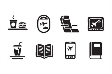 In-flight service and comfort vector icons for airline travel and aviation design
