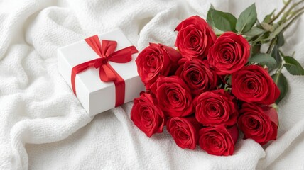 Red, white, and pink roses surrounding a small pink gift box with red ribbon on white background for valentine's day celebration and romantic love concept