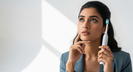 Thoughtful woman contemplating dental hygiene with modern electric toothbrush