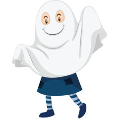 Happy Halloween Ghost Costume Child With Blue Skirt And Striped Stockings Dancing With Transparent Background