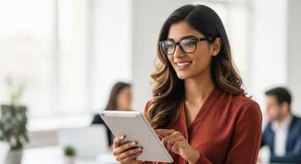 Smiling businesswoman working on tablet in a modern office