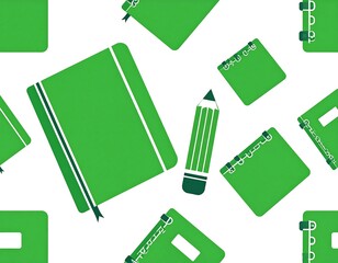 Green illustrated stationery on white background, repeating pattern